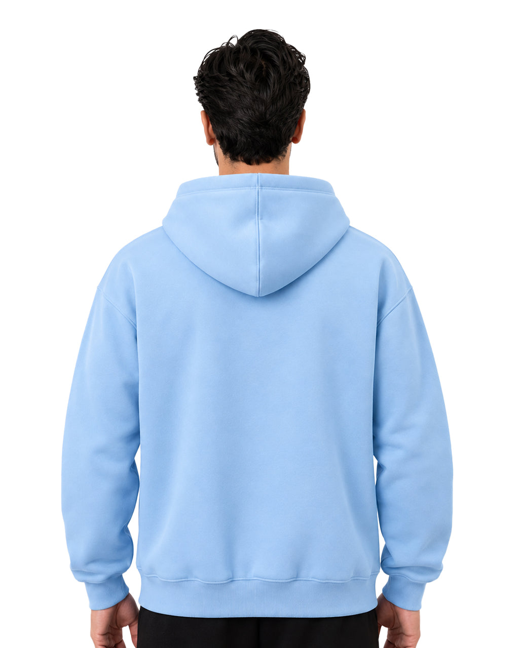 Back view of a plain light blue pullover hoodie