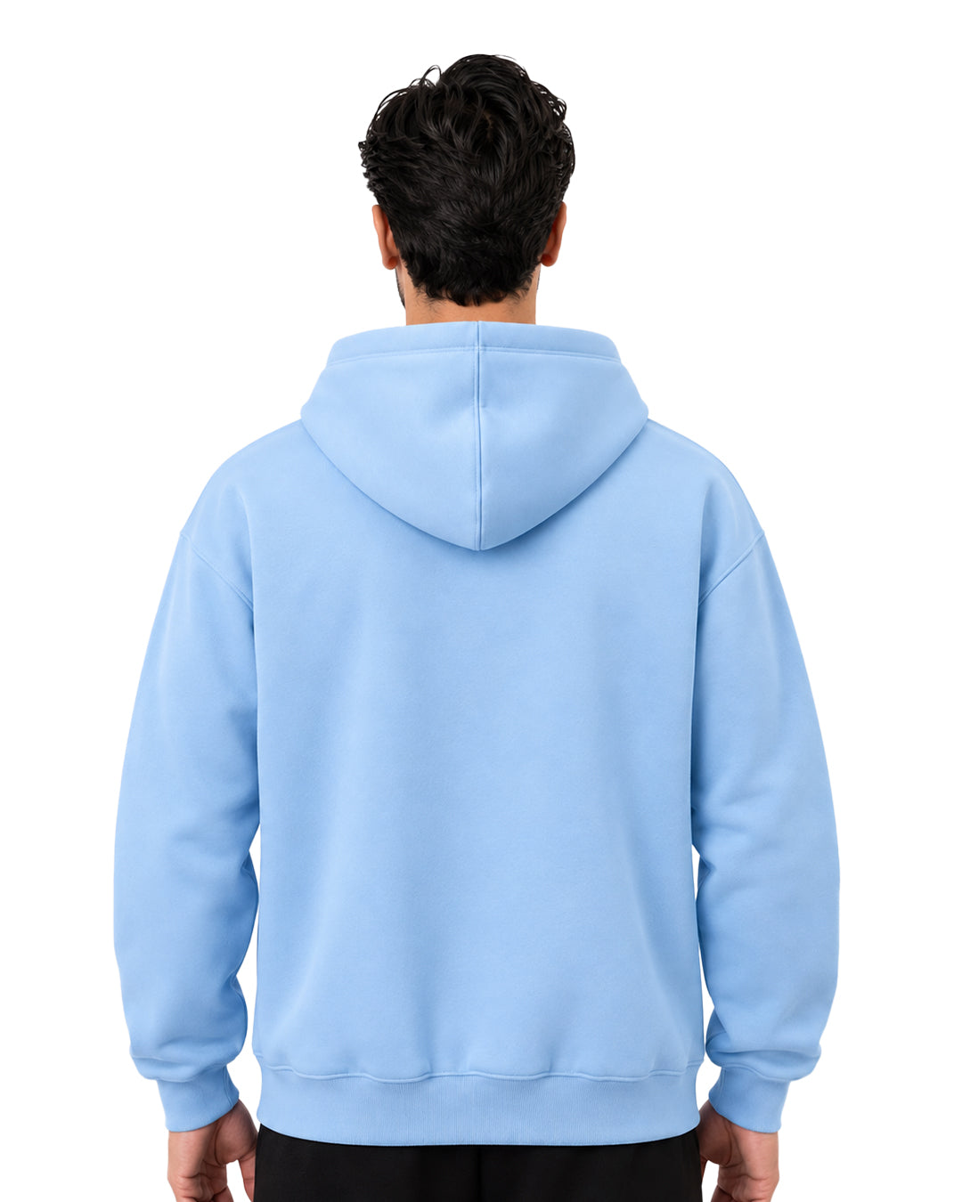 Back view of a plain light blue pullover hoodie