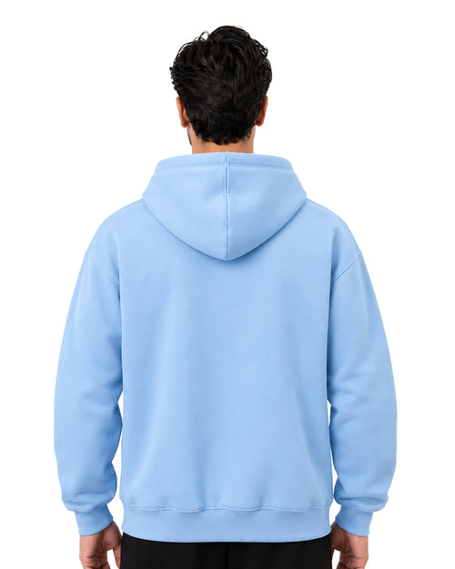 Back view of a plain light blue pullover hoodie