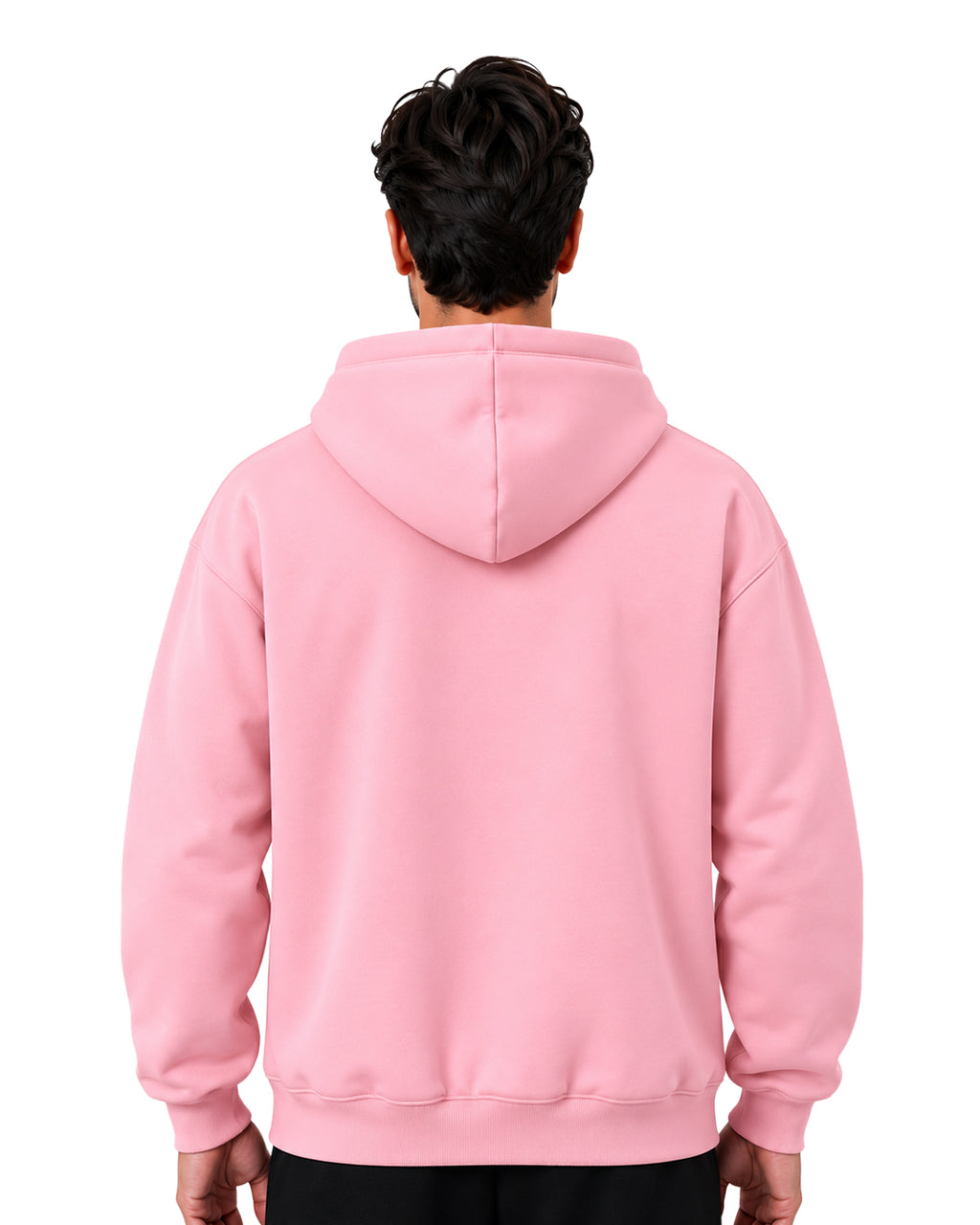 Back view of a plain pink pullover hoodie