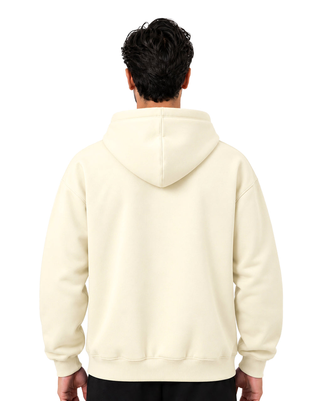 Back view of a plain off-white pullover hoodie