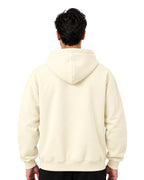 Back view of a plain off-white pullover hoodie