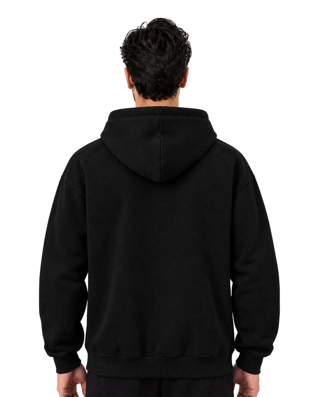 Back view of a plain black pullover hoodie