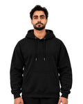 Front view of a black pullover hoodie with drawstring hood and kangaroo pocket