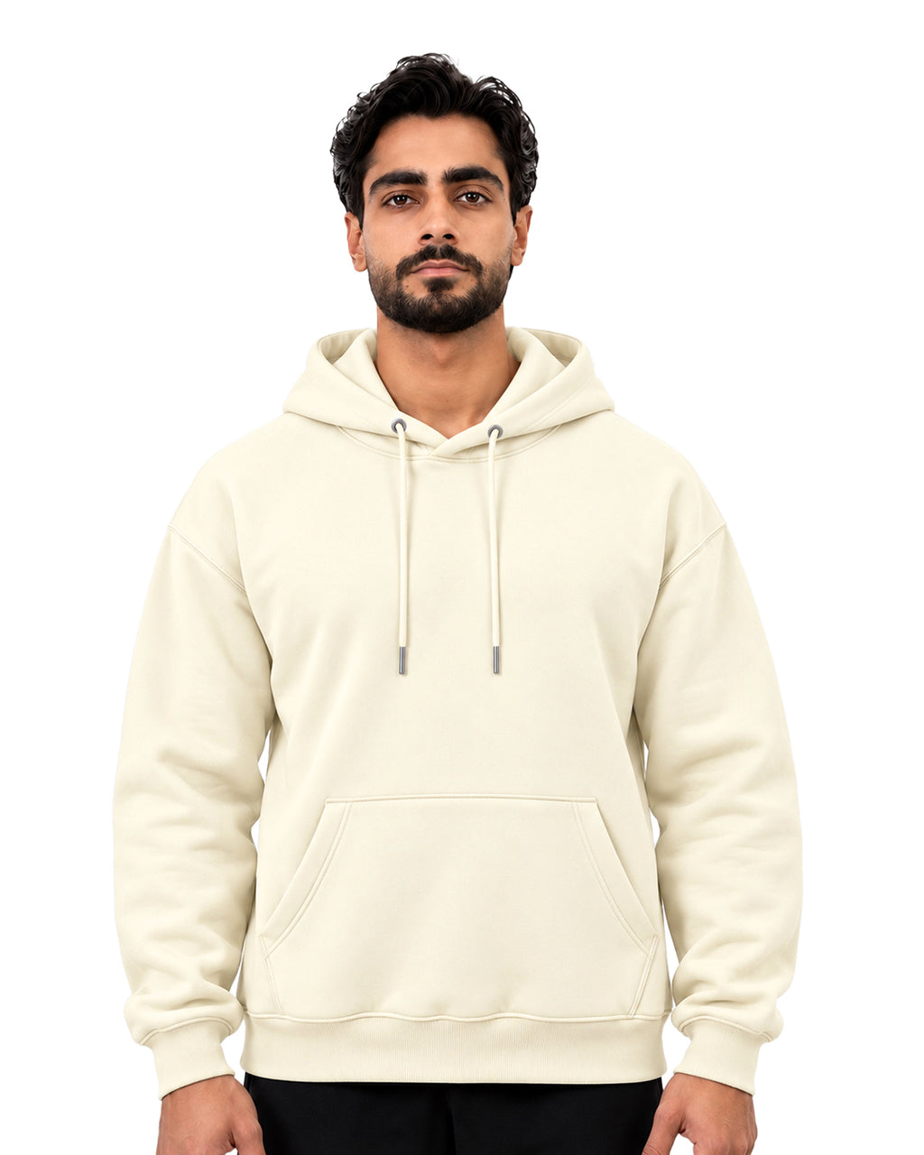 Front view of an off-white pullover hoodie with drawstring hood and kangaroo pocket