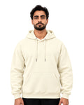 Front view of an off-white pullover hoodie with drawstring hood and kangaroo pocket