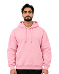 Front view of a pink pullover hoodie with drawstring hood and kangaroo pocket