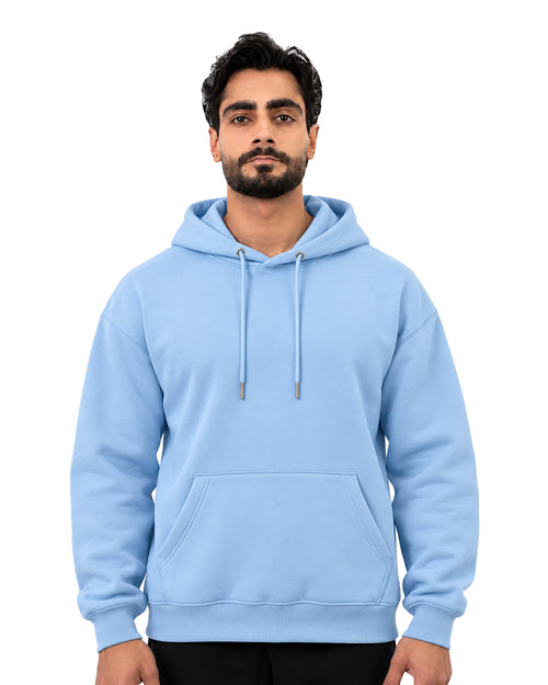 Front view of a light blue pullover hoodie with drawstring hood and kangaroo pocket