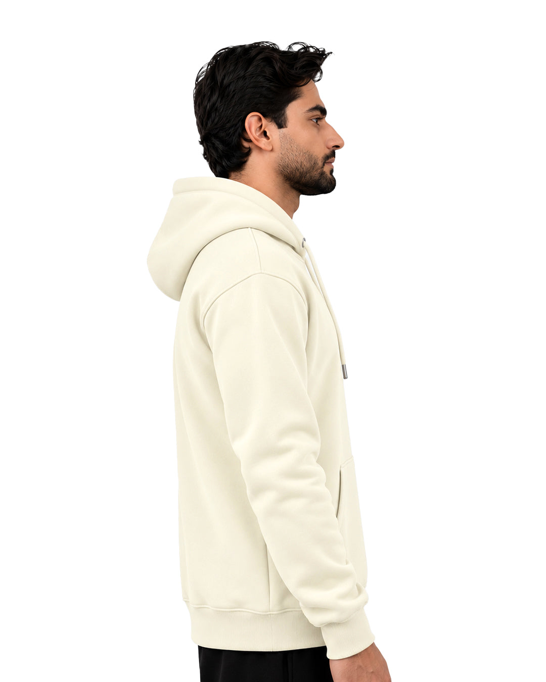 Side view of an off-white pullover hoodie with ribbed cuffs and hem
