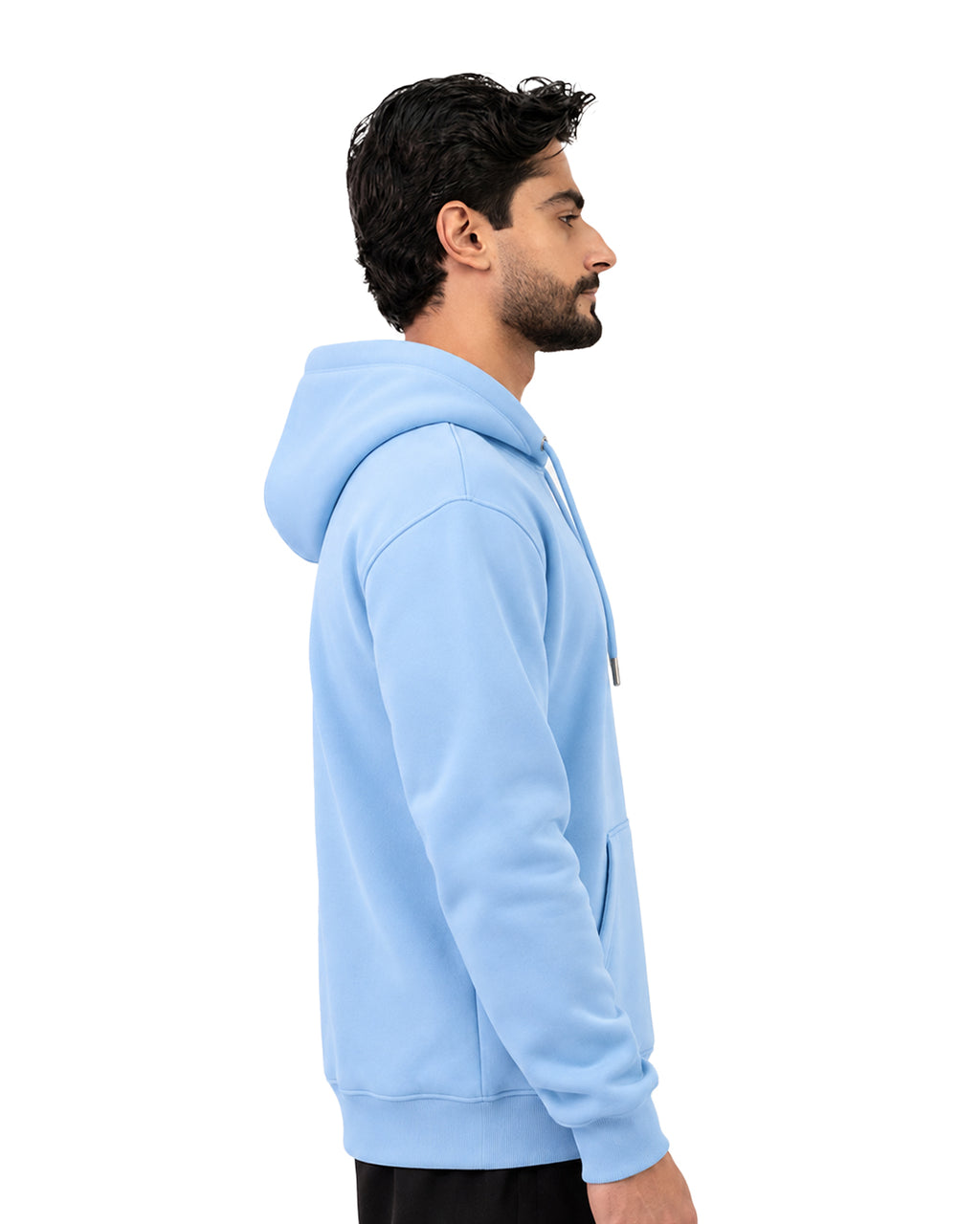 Side view of a light blue pullover hoodie with ribbed cuffs and hem