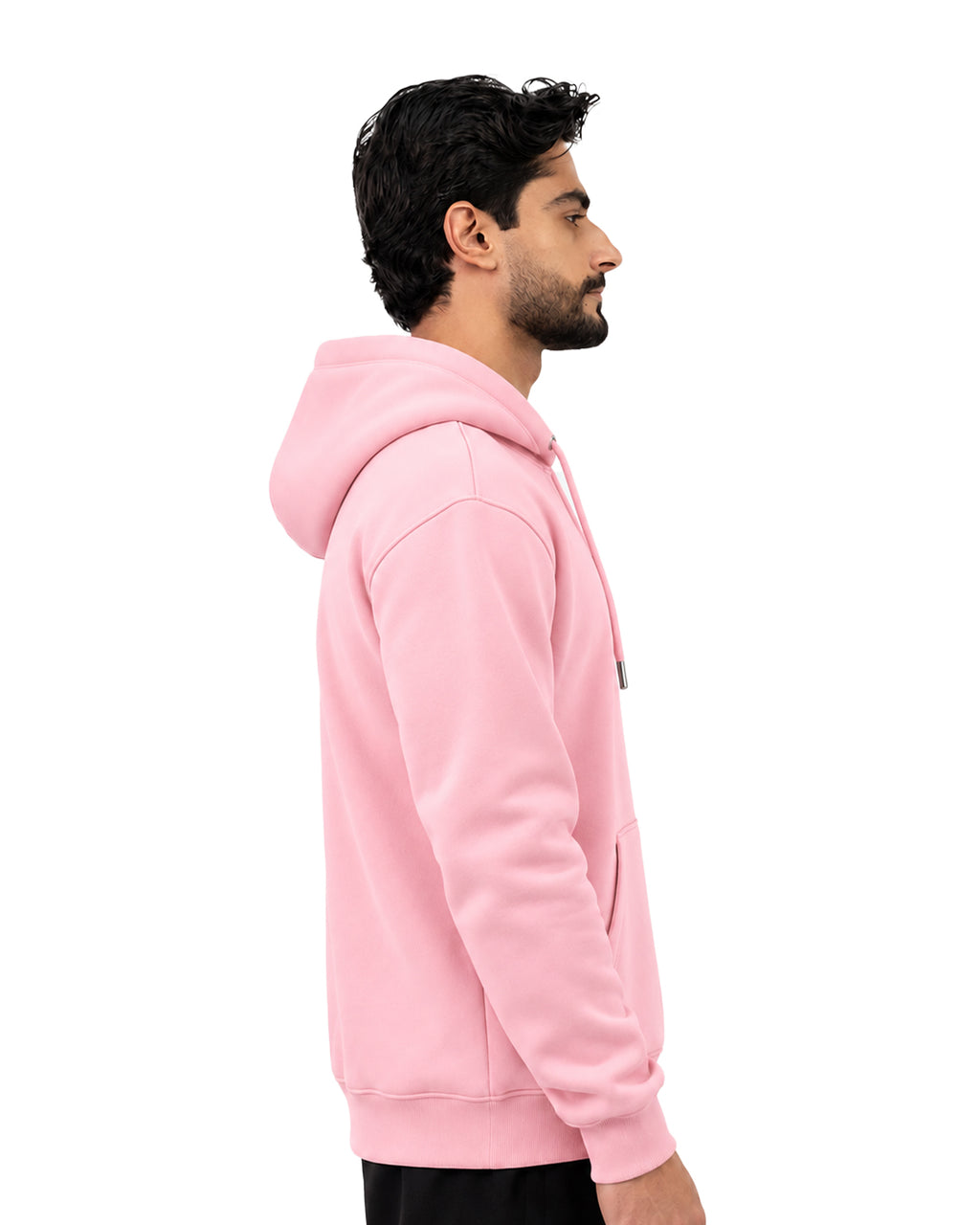 Side view of a pink pullover hoodie with ribbed cuffs and hem