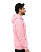 Side view of a pink pullover hoodie with ribbed cuffs and hem